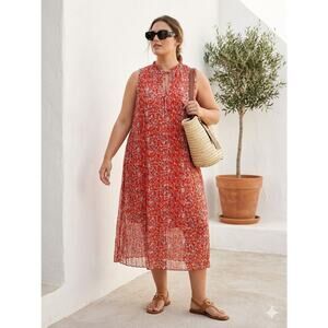 MANGO MNG red orange floral pleated Midi Chiffon Sleeveless Dress Sz 2 fits S/M